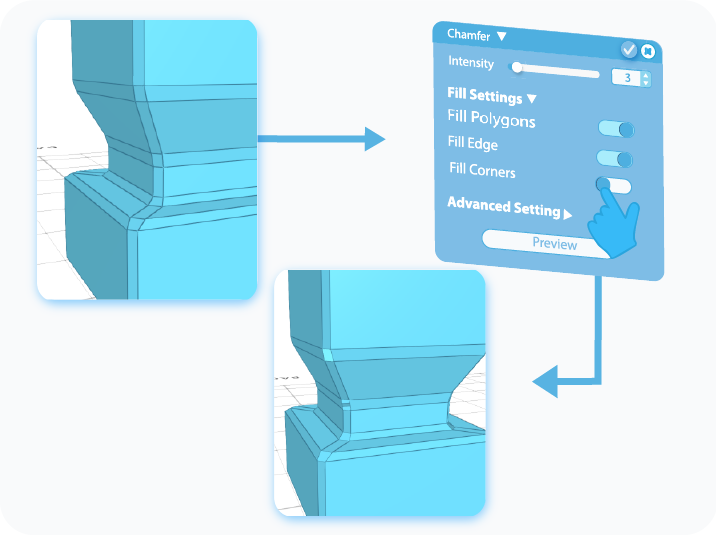 Toggle to enable the Fill Corners feature for Chamfer tool